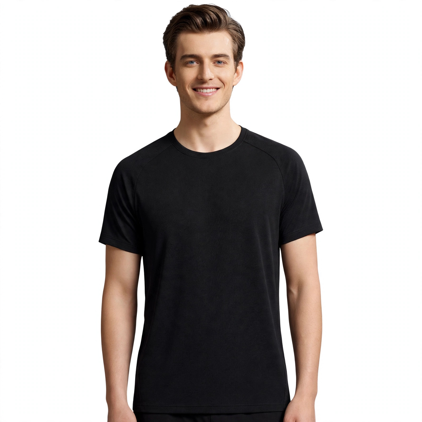 A man wearing the mint fragrance raglan tee at home (AI-generated model photo)